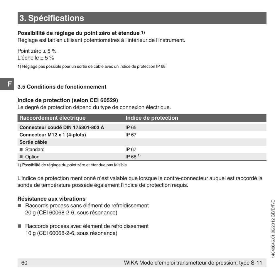 Spécifications | WIKA S-11 User Manual | Page 60 / 102
