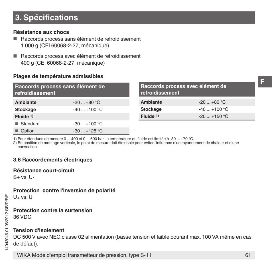 Spécifications | WIKA S-11 User Manual | Page 61 / 102