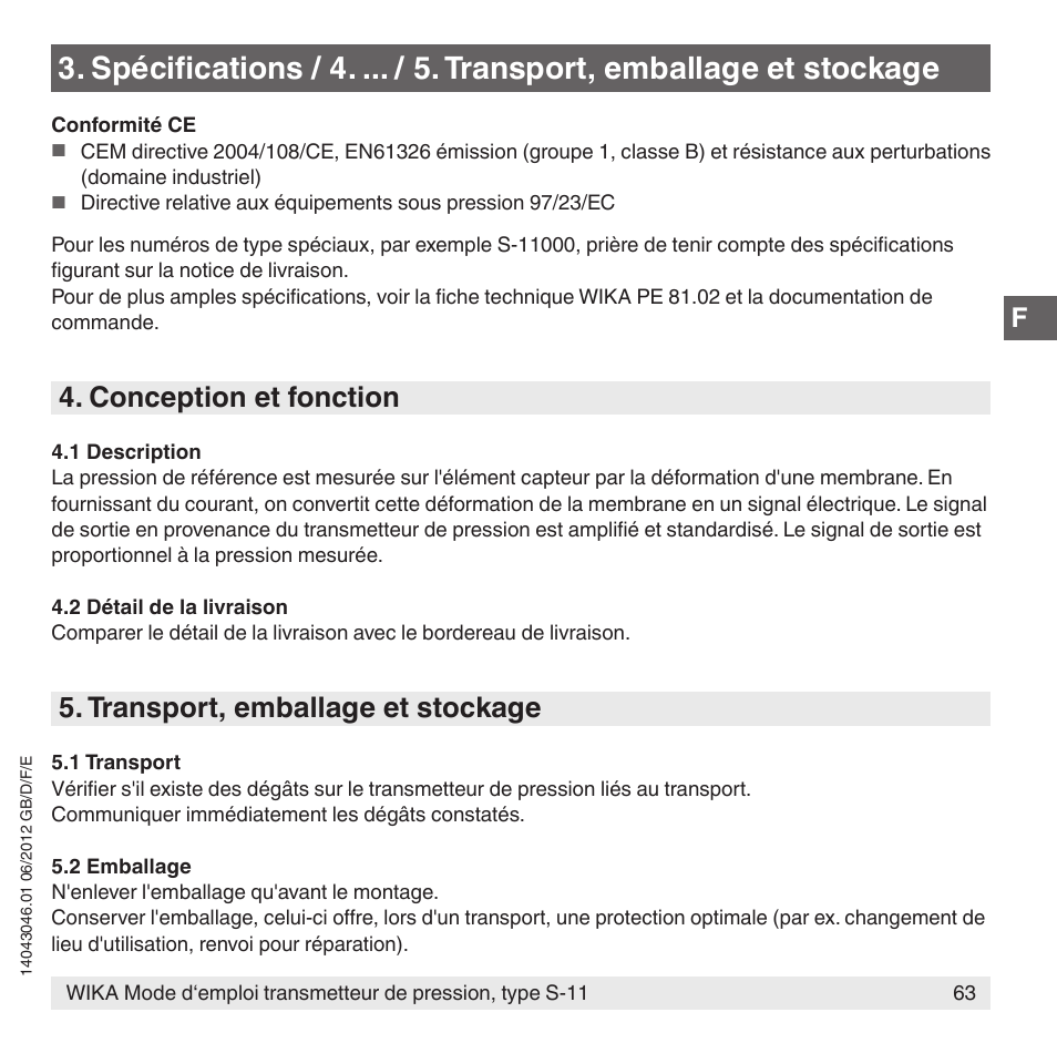 Conception et fonction, Transport, emballage et stockage | WIKA S-11 User Manual | Page 63 / 102