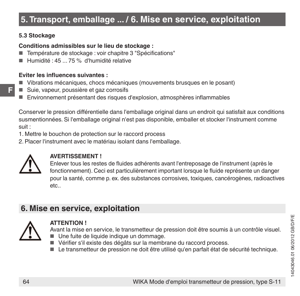 Transport, emballage, Mise en service, exploitation | WIKA S-11 User Manual | Page 64 / 102