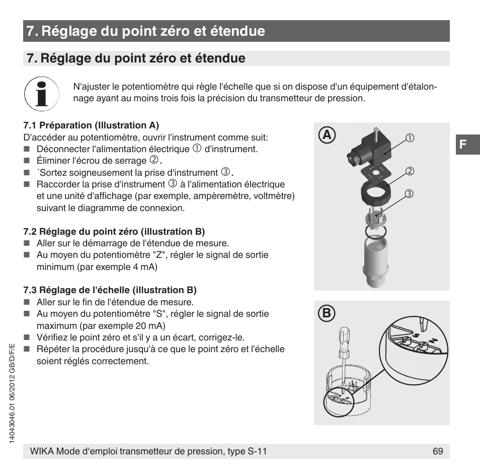 Réglage du point zéro et étendue | WIKA S-11 User Manual | Page 69 / 102