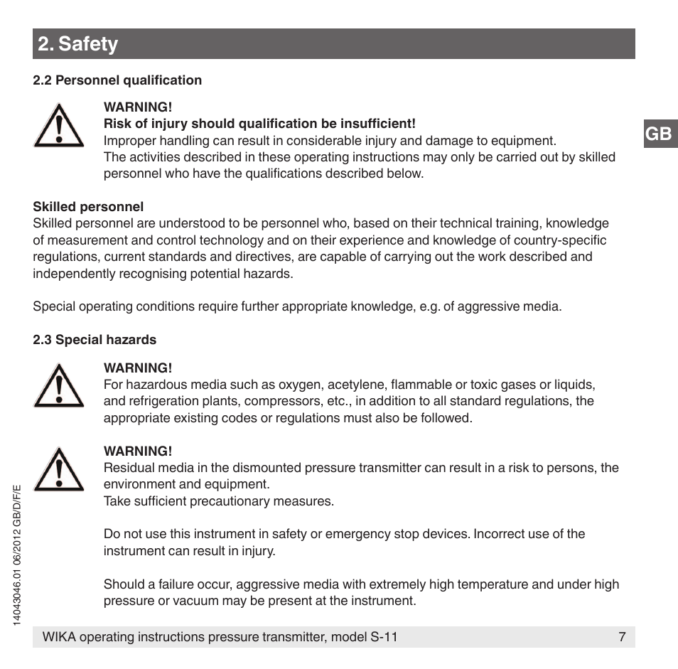 Safety | WIKA S-11 User Manual | Page 7 / 102