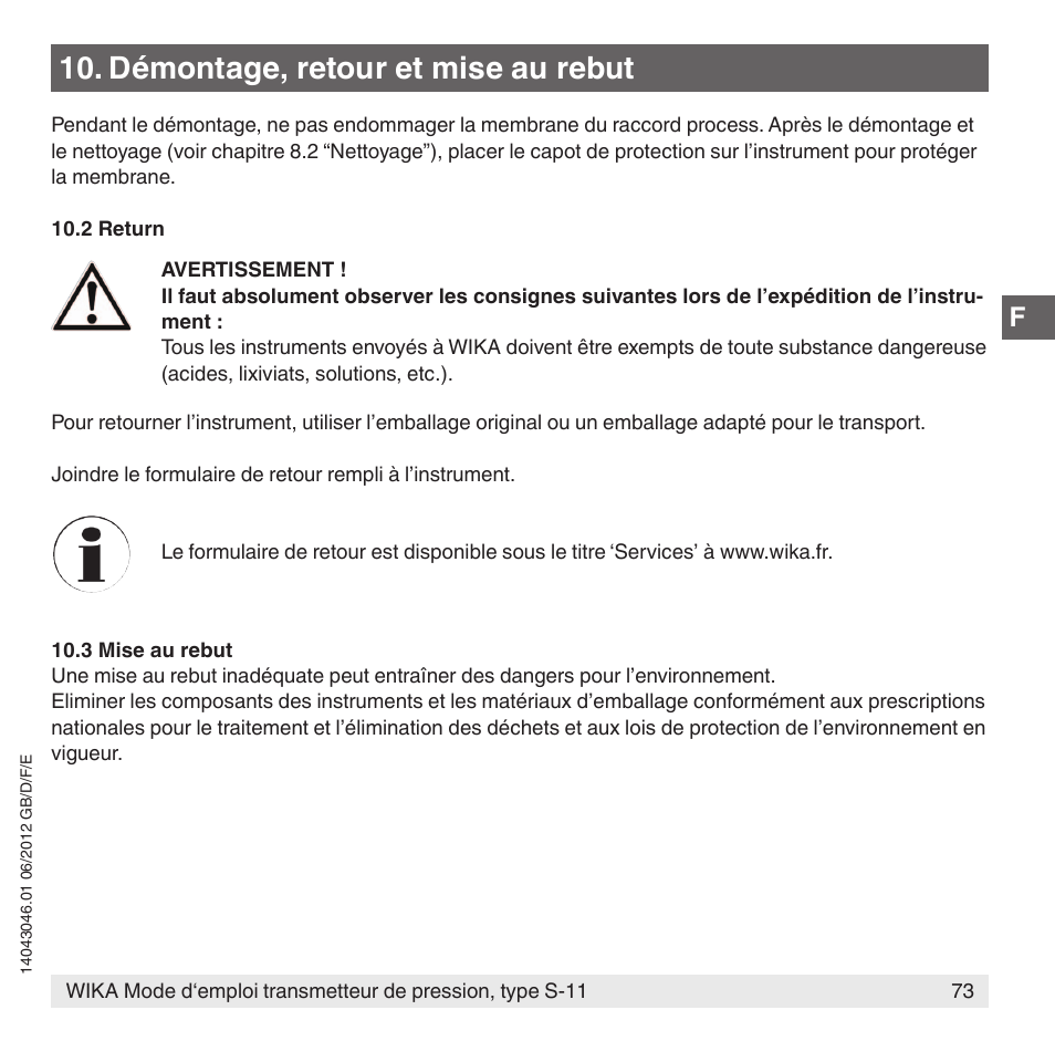 Démontage, retour et mise au rebut | WIKA S-11 User Manual | Page 73 / 102