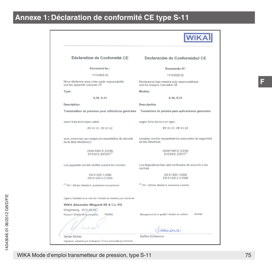 Annexe 1: déclaration de conformité ce type s-11 | WIKA S-11 User Manual | Page 75 / 102