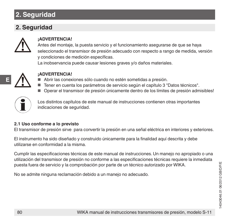 Seguridad | WIKA S-11 User Manual | Page 80 / 102