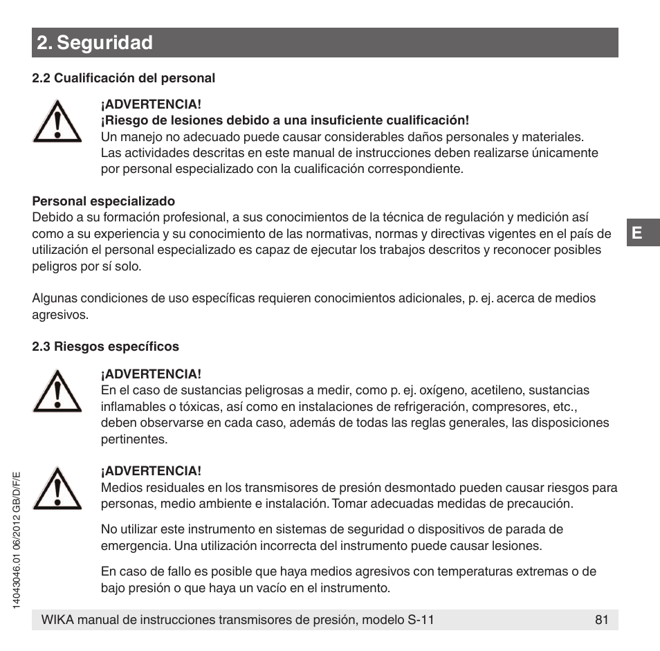 Seguridad | WIKA S-11 User Manual | Page 81 / 102