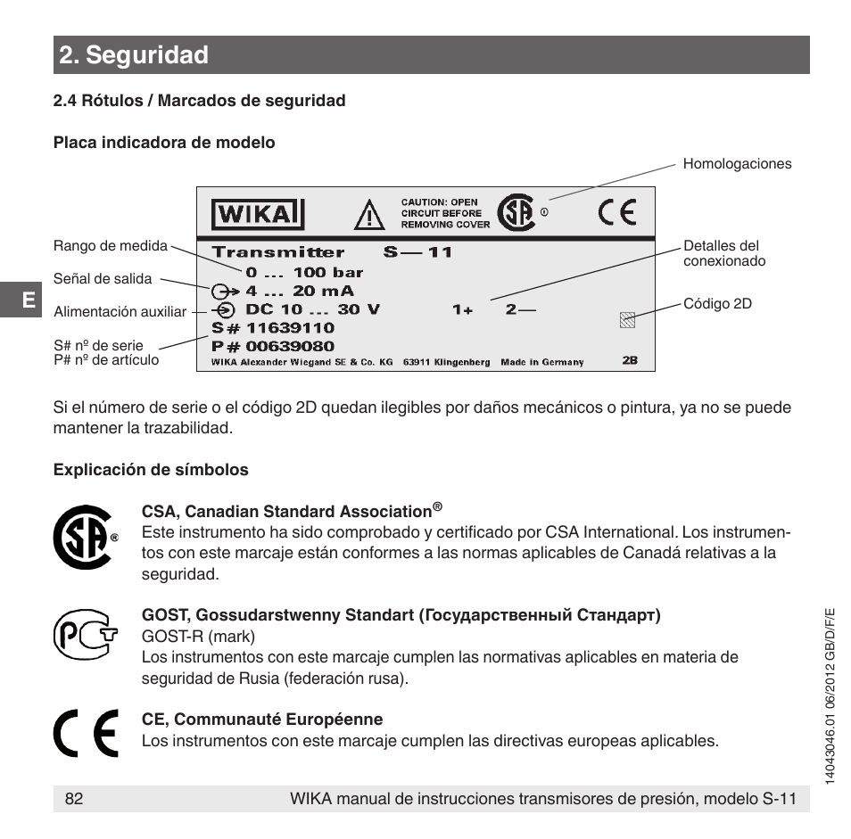 Seguridad | WIKA S-11 User Manual | Page 82 / 102