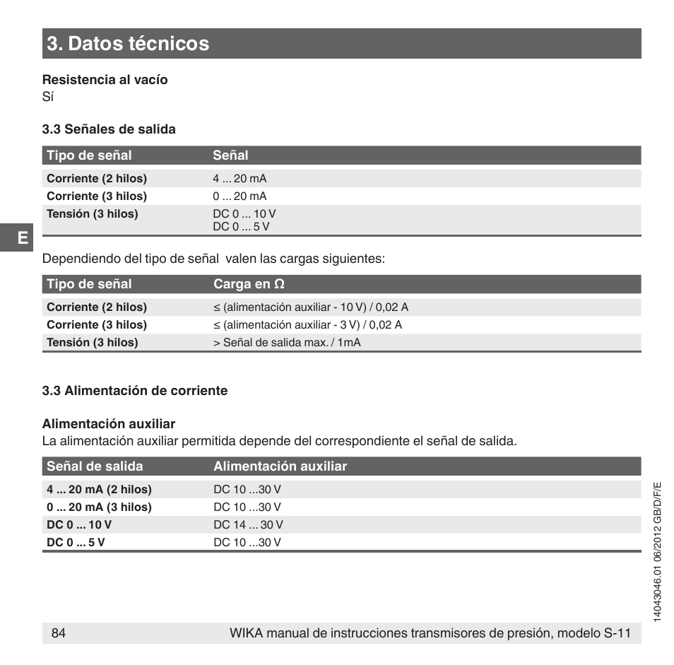 Datos técnicos | WIKA S-11 User Manual | Page 84 / 102