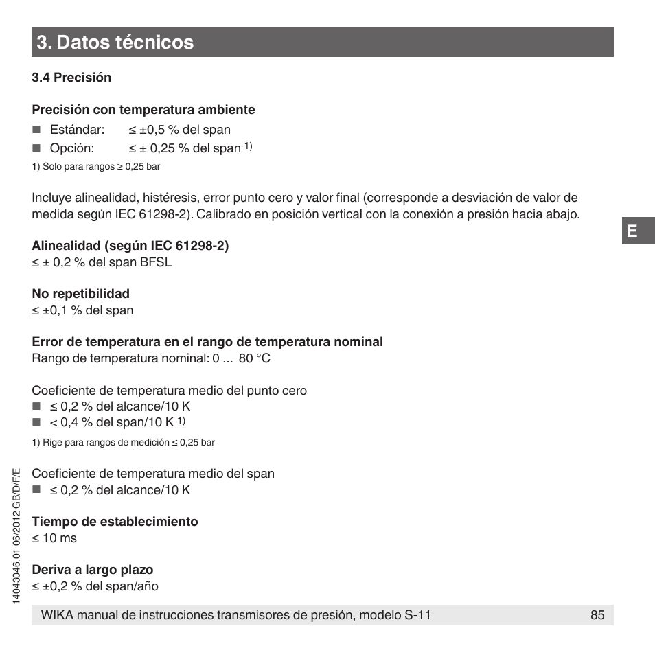 Datos técnicos | WIKA S-11 User Manual | Page 85 / 102