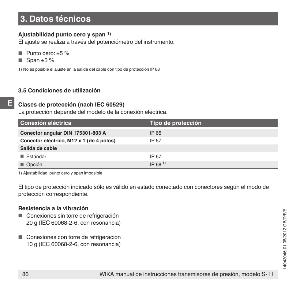 Datos técnicos | WIKA S-11 User Manual | Page 86 / 102
