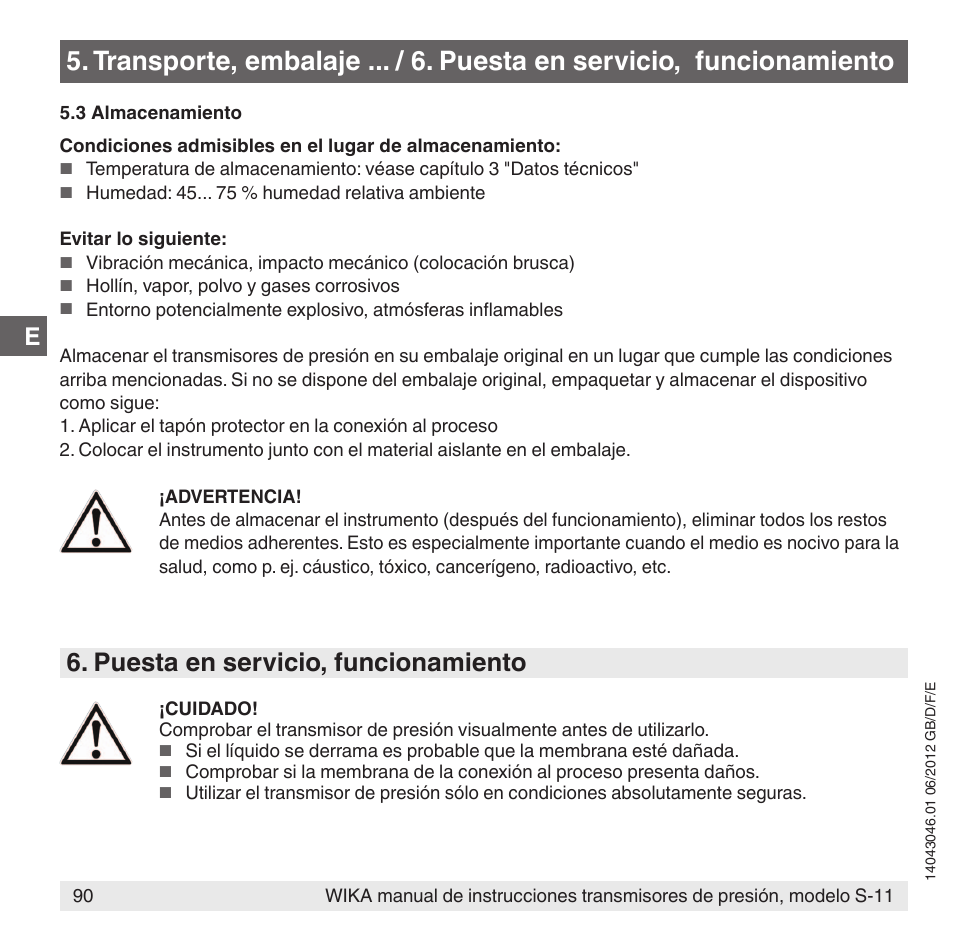 Puesta en servicio, funcionamiento | WIKA S-11 User Manual | Page 90 / 102