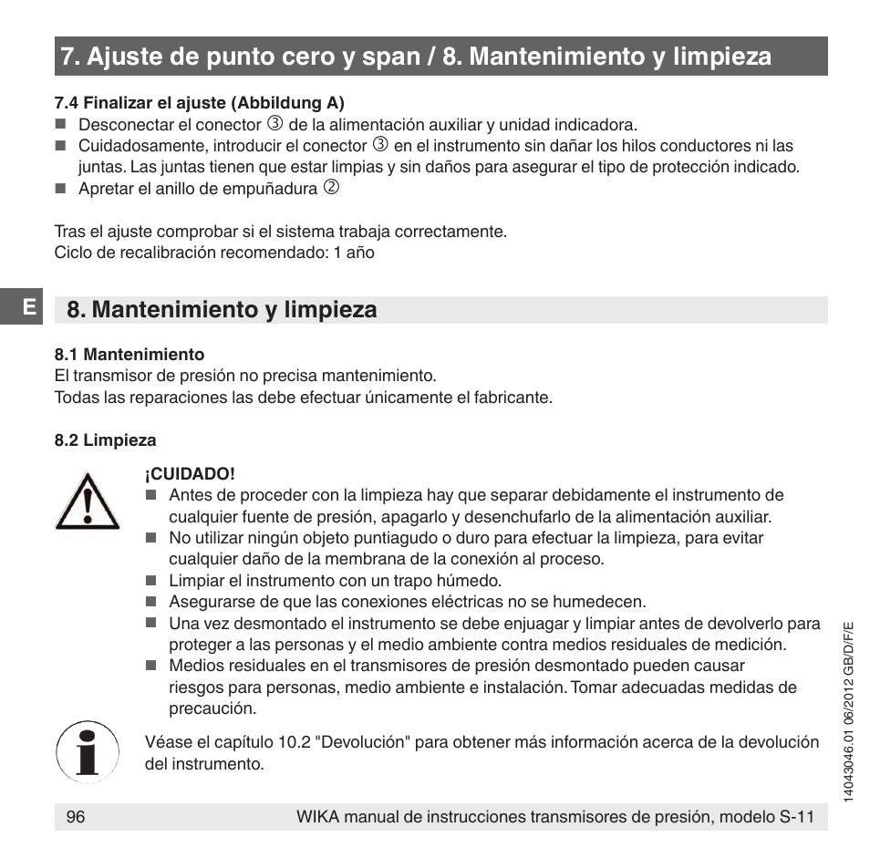 Mantenimiento y limpieza | WIKA S-11 User Manual | Page 96 / 102