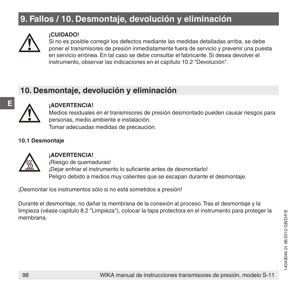 Fallos / 10. desmontaje, devolución y eliminación, Desmontaje, devolución y eliminación | WIKA S-11 User Manual | Page 98 / 102
