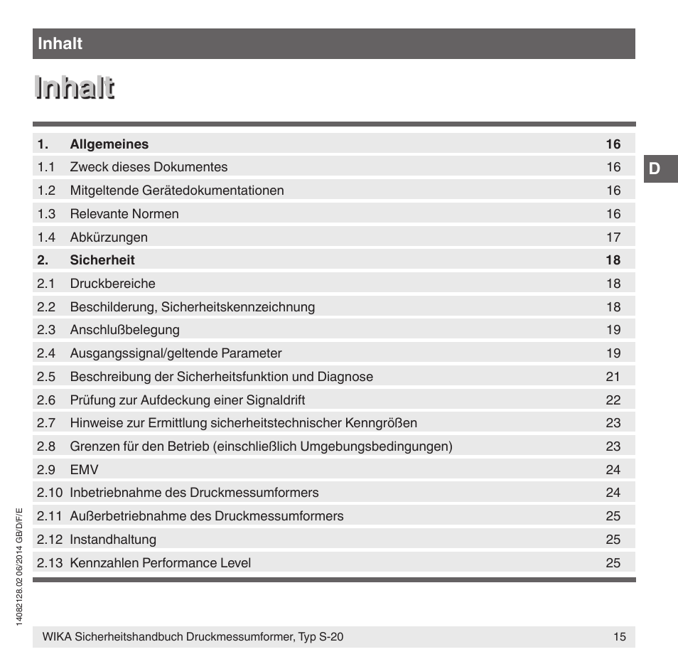 Inhalt | WIKA S-20 User Manual | Page 15 / 52