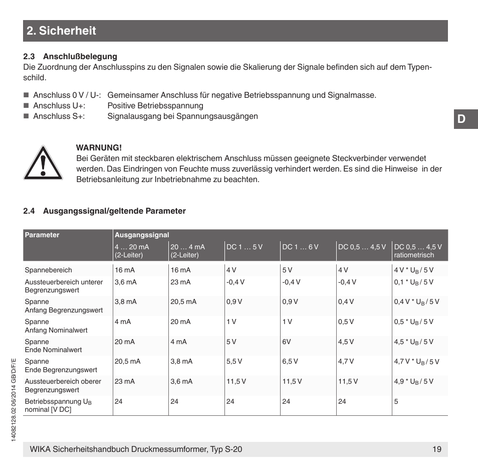 Sicherheit | WIKA S-20 User Manual | Page 19 / 52