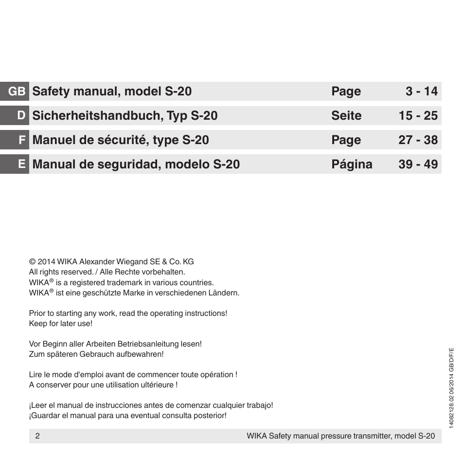 Gb d | WIKA S-20 User Manual | Page 2 / 52