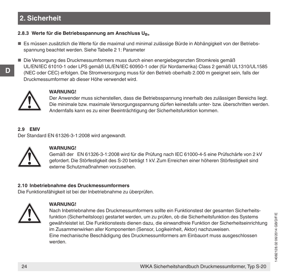 Sicherheit | WIKA S-20 User Manual | Page 24 / 52