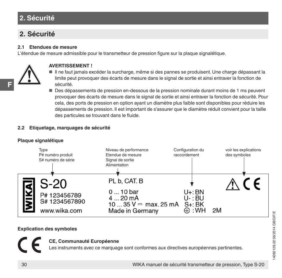 Sécurité | WIKA S-20 User Manual | Page 30 / 52