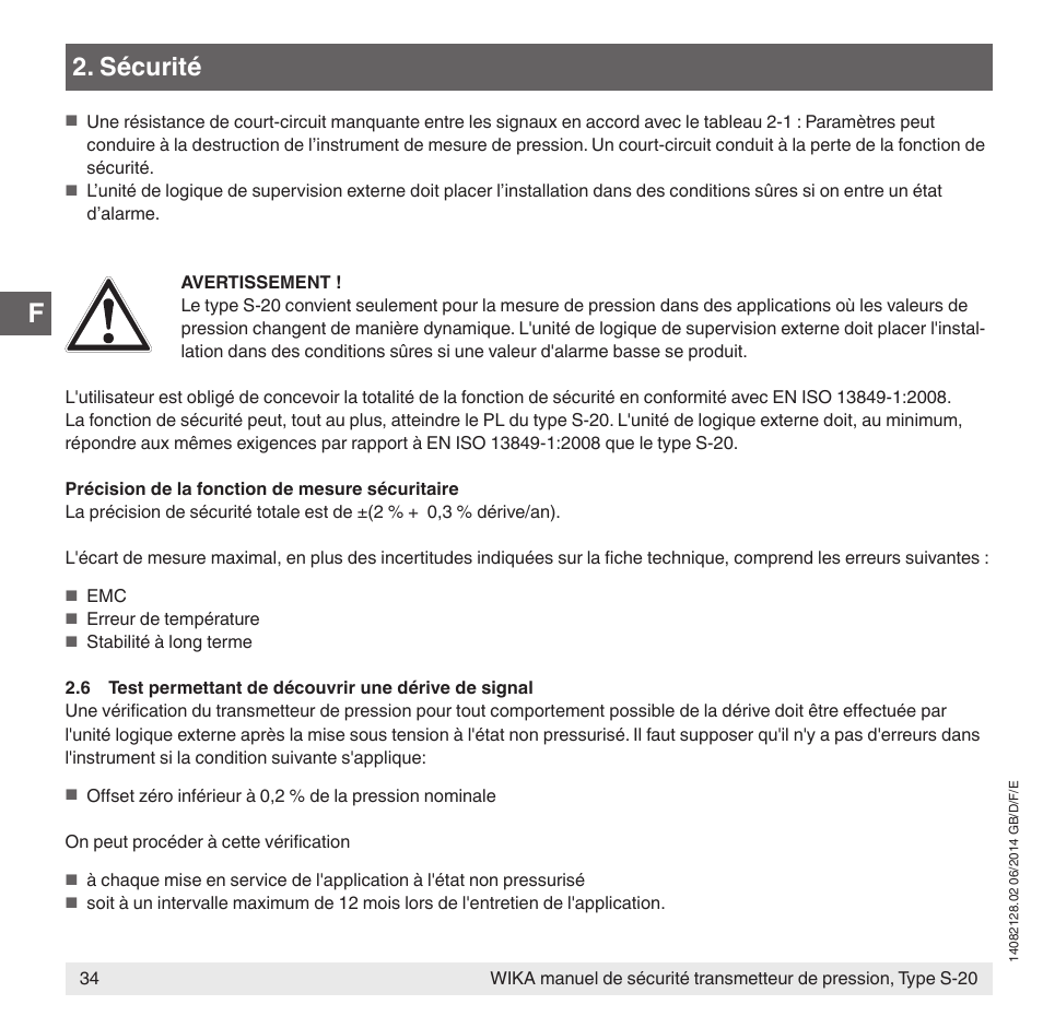 Sécurité | WIKA S-20 User Manual | Page 34 / 52