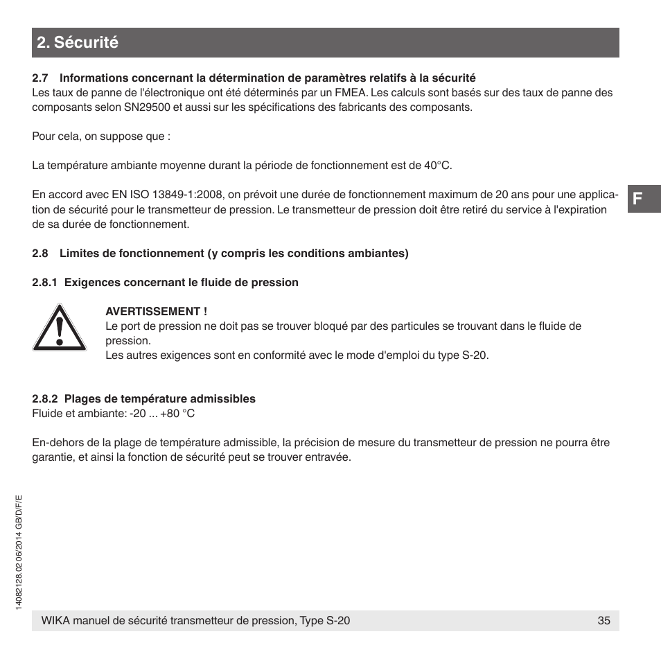 Sécurité | WIKA S-20 User Manual | Page 35 / 52