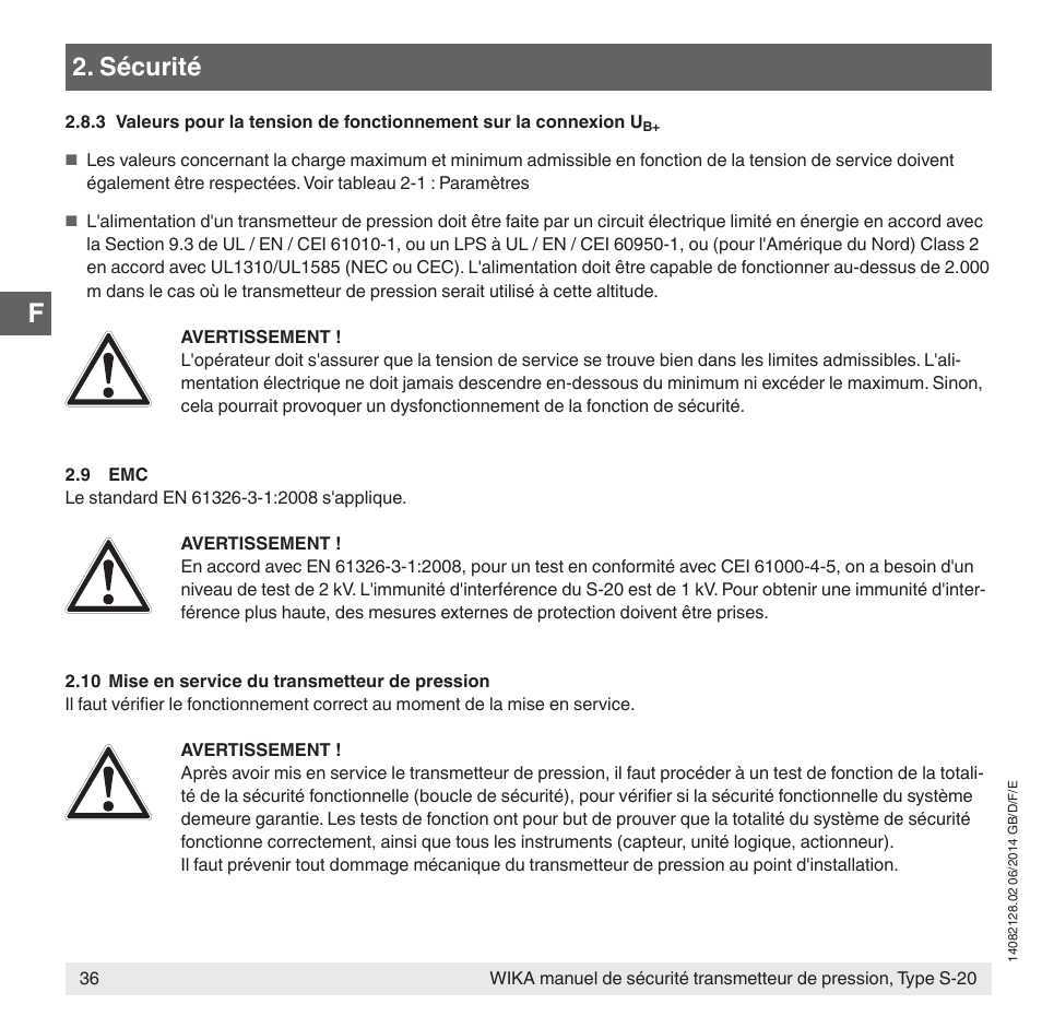 Sécurité | WIKA S-20 User Manual | Page 36 / 52