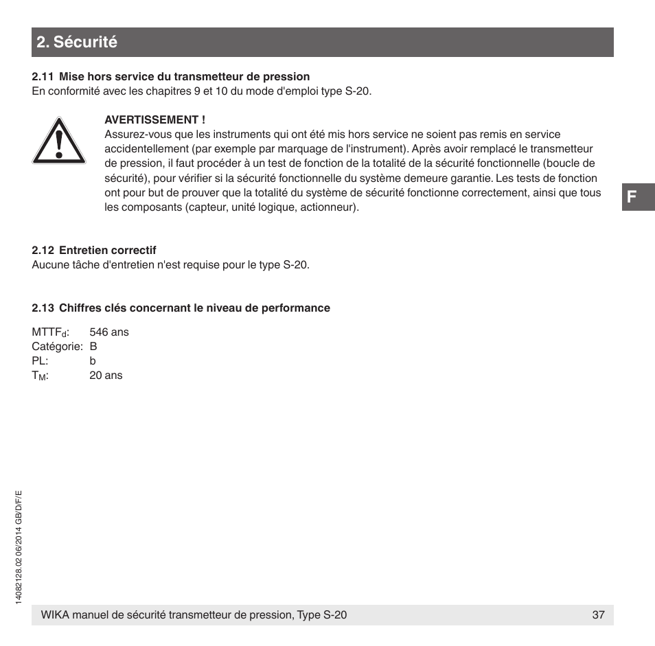 Sécurité | WIKA S-20 User Manual | Page 37 / 52