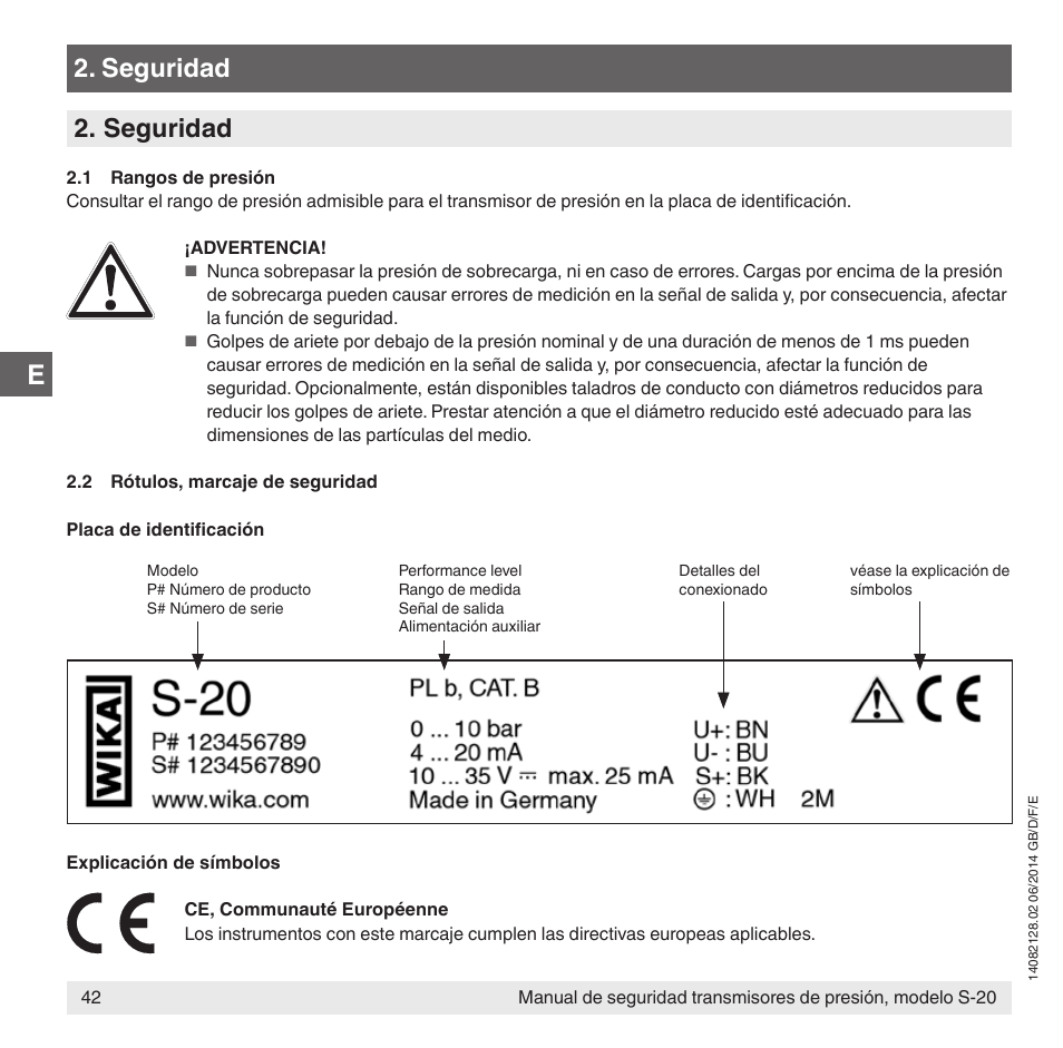 Seguridad | WIKA S-20 User Manual | Page 42 / 52