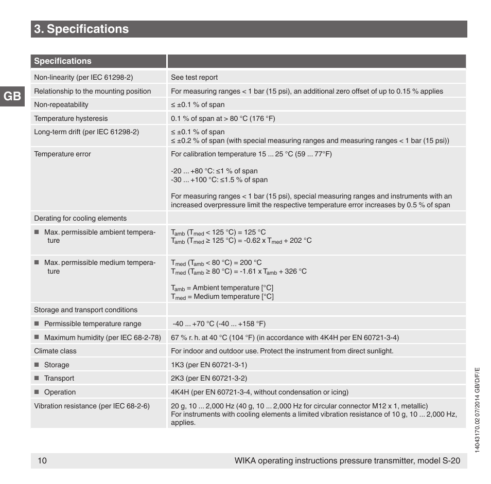 Gb 3. specifications | WIKA S-20 User Manual | Page 10 / 96