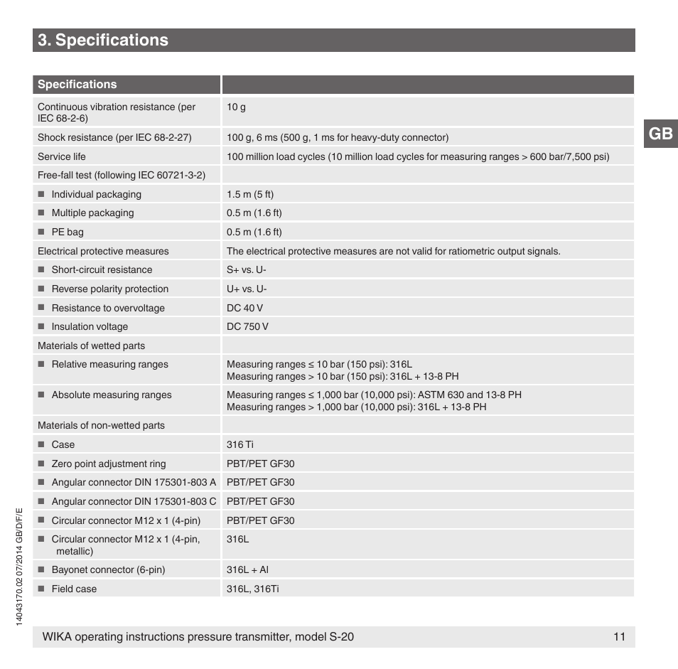 Gb 3. specifications | WIKA S-20 User Manual | Page 11 / 96