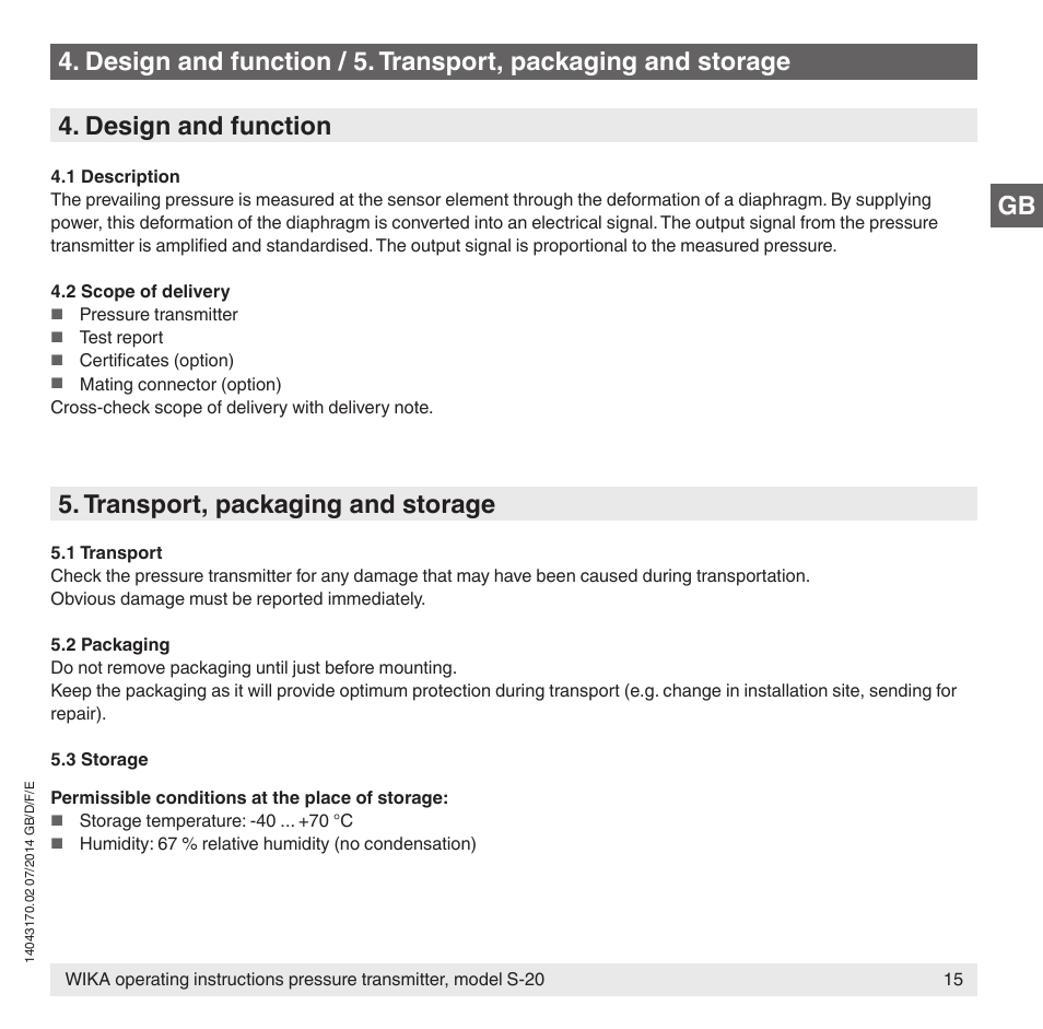 Gb 4. design and function, Transport, packaging and storage | WIKA S-20 User Manual | Page 15 / 96