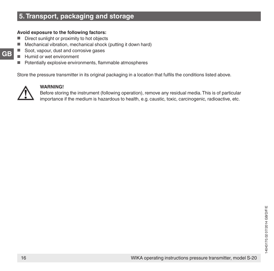 Transport, packaging and storage | WIKA S-20 User Manual | Page 16 / 96