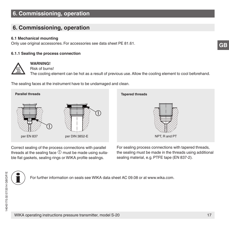 Gb 6. commissioning, operation, Commissioning, operation | WIKA S-20 User Manual | Page 17 / 96