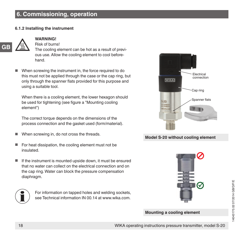 Commissioning, operation | WIKA S-20 User Manual | Page 18 / 96