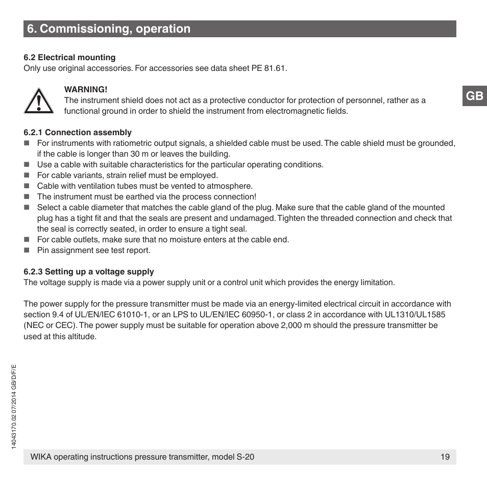 Gb 6. commissioning, operation | WIKA S-20 User Manual | Page 19 / 96