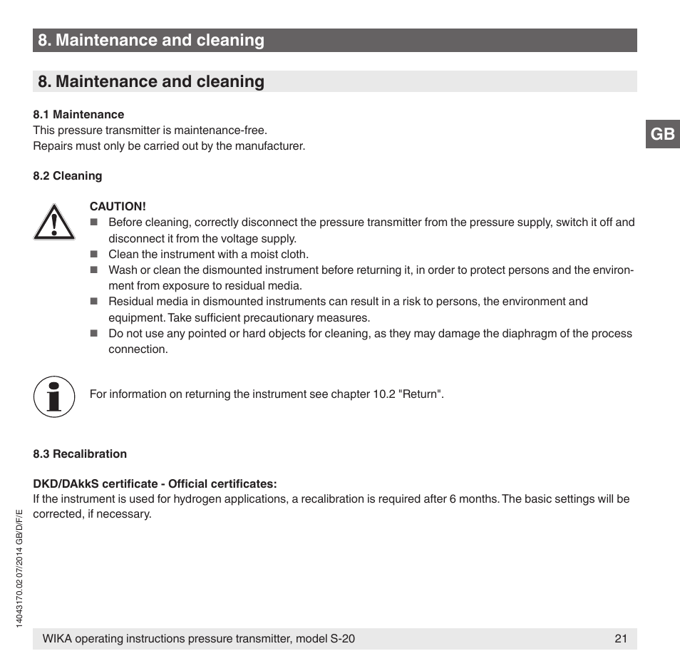 Gb 8. maintenance and cleaning, Maintenance and cleaning | WIKA S-20 User Manual | Page 21 / 96