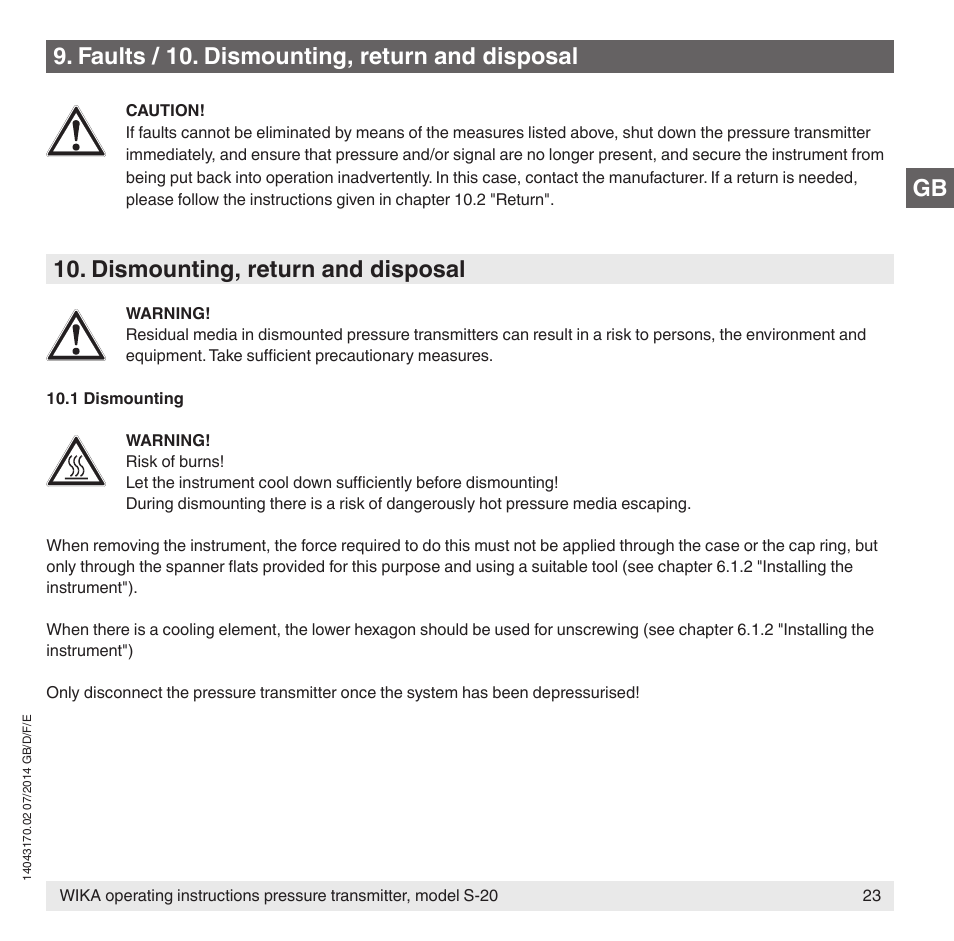 Dismounting, return and disposal, Faults / 10. dismounting, return and disposal | WIKA S-20 User Manual | Page 23 / 96