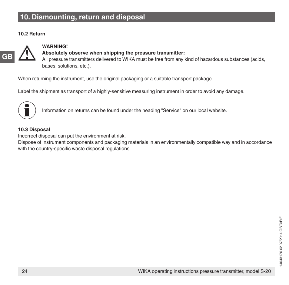 Gb 10. dismounting, return and disposal | WIKA S-20 User Manual | Page 24 / 96