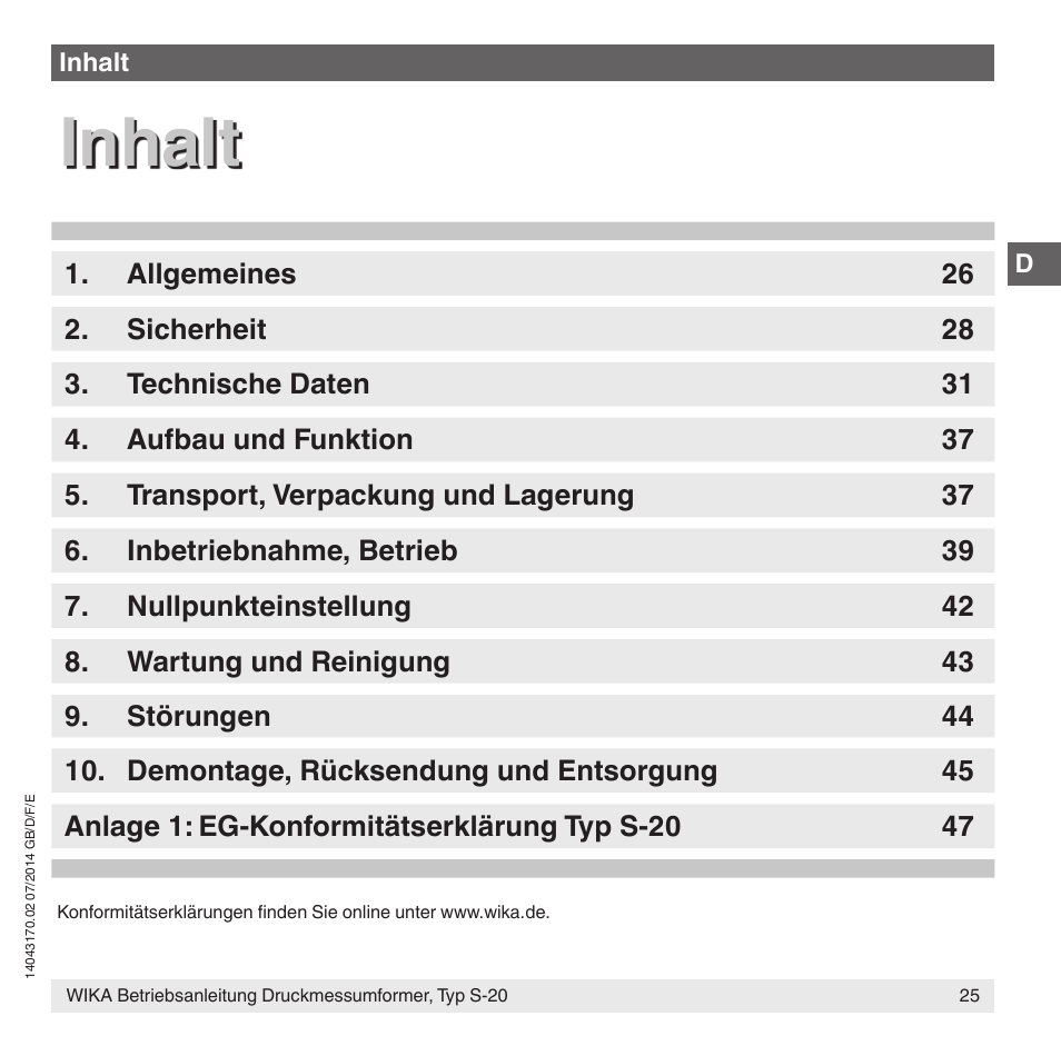 Inhalt | WIKA S-20 User Manual | Page 25 / 96