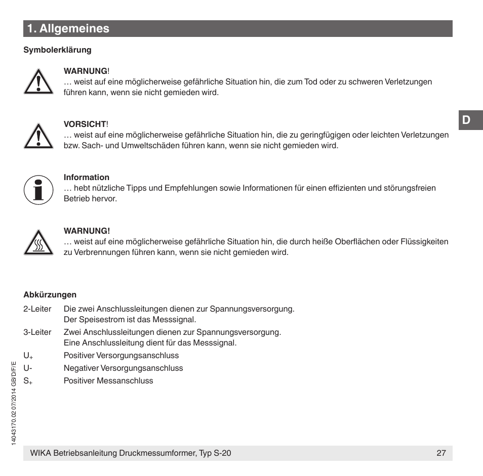 Allgemeines | WIKA S-20 User Manual | Page 27 / 96