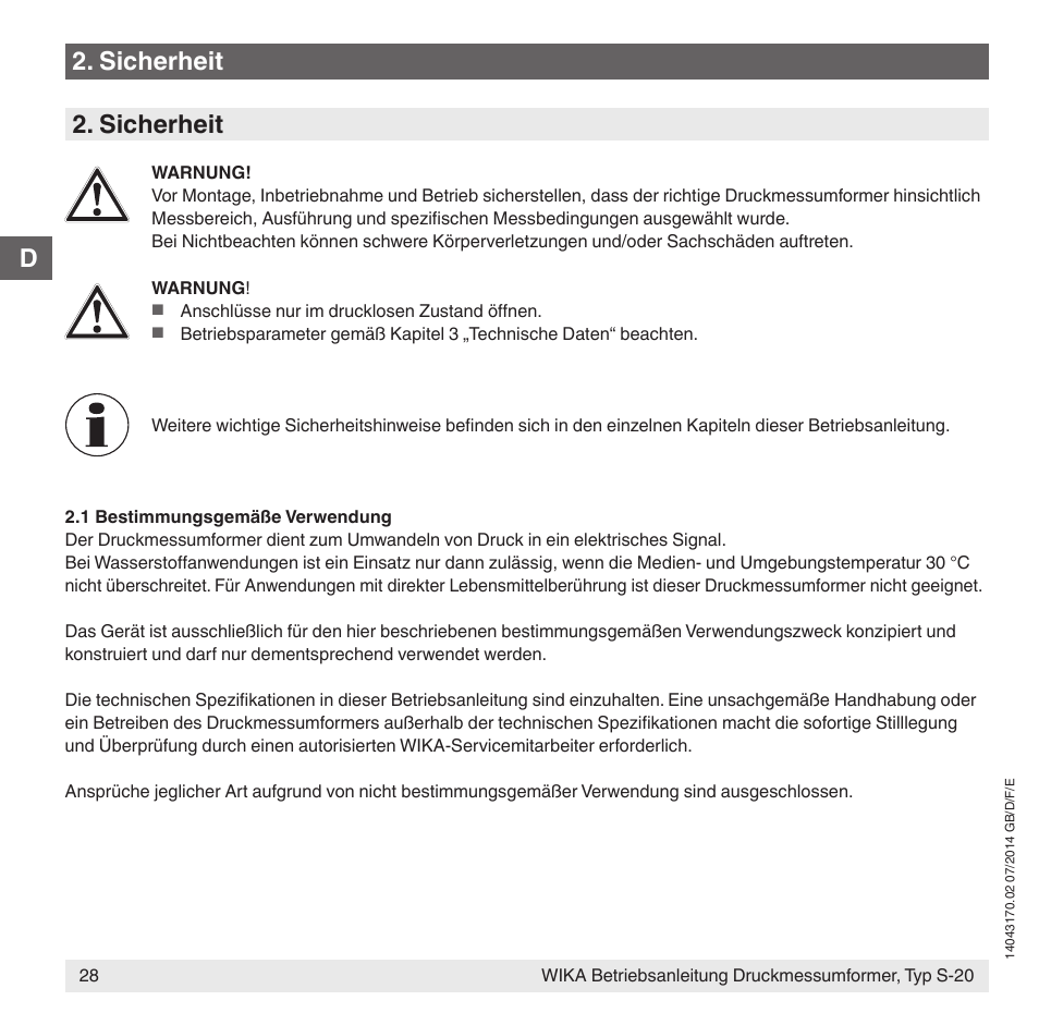 D2. sicherheit, Sicherheit | WIKA S-20 User Manual | Page 28 / 96