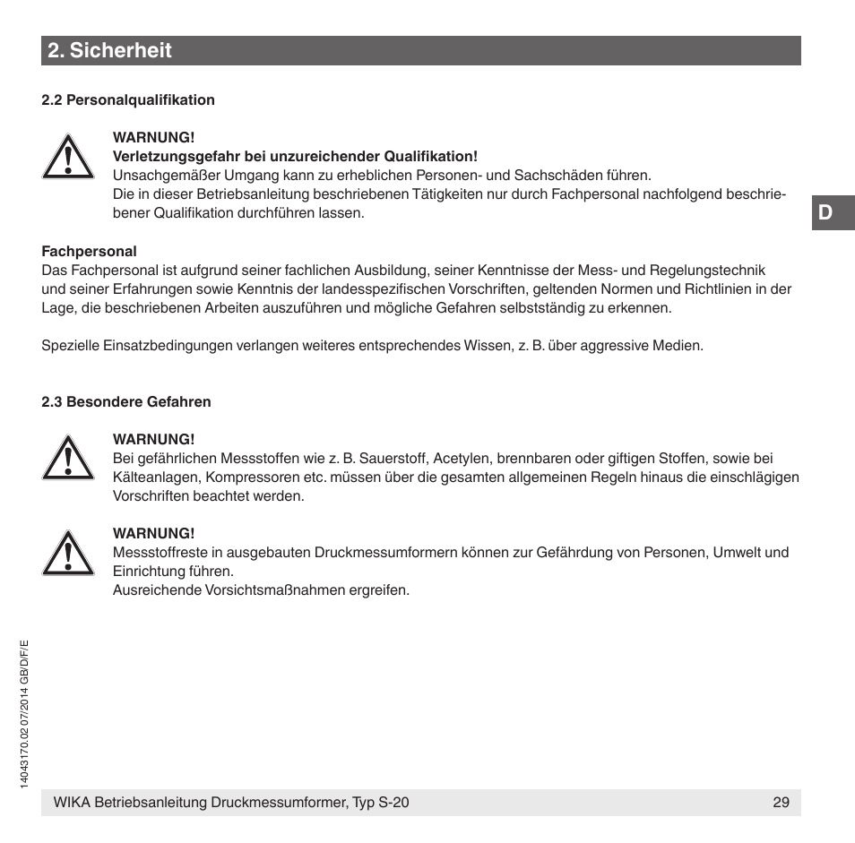 Sicherheit | WIKA S-20 User Manual | Page 29 / 96