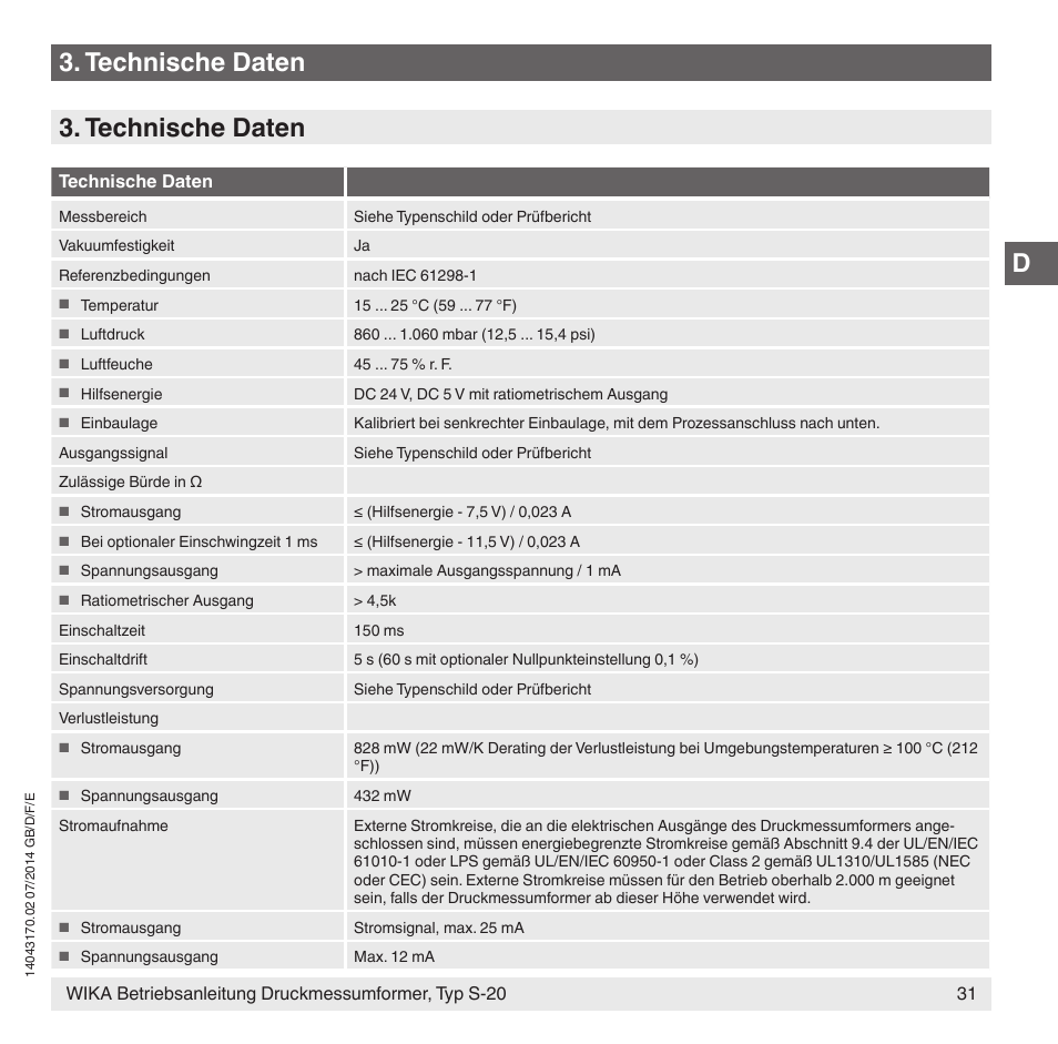 Technische daten | WIKA S-20 User Manual | Page 31 / 96