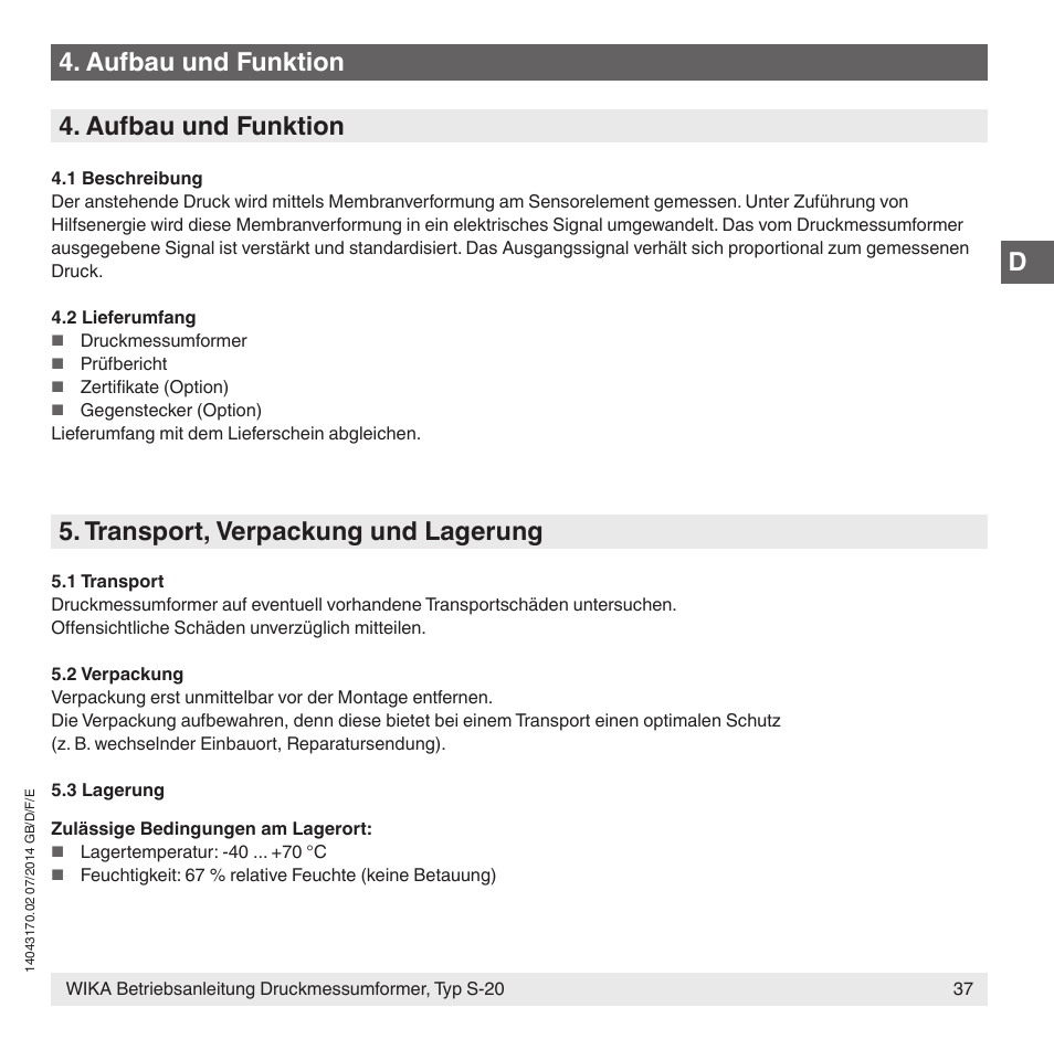 Aufbau und funktion, Transport, verpackung und lagerung | WIKA S-20 User Manual | Page 37 / 96