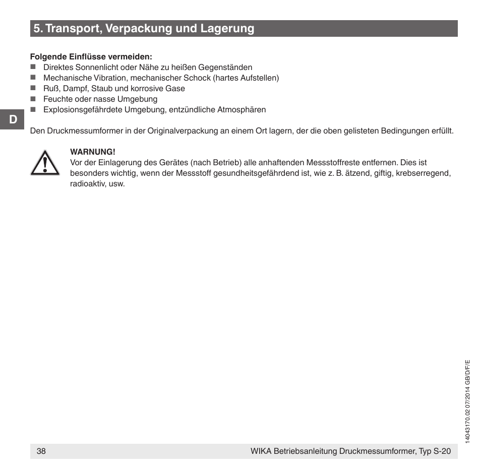Transport, verpackung und lagerung | WIKA S-20 User Manual | Page 38 / 96