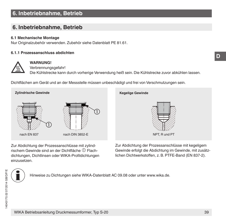 Inbetriebnahme, betrieb | WIKA S-20 User Manual | Page 39 / 96