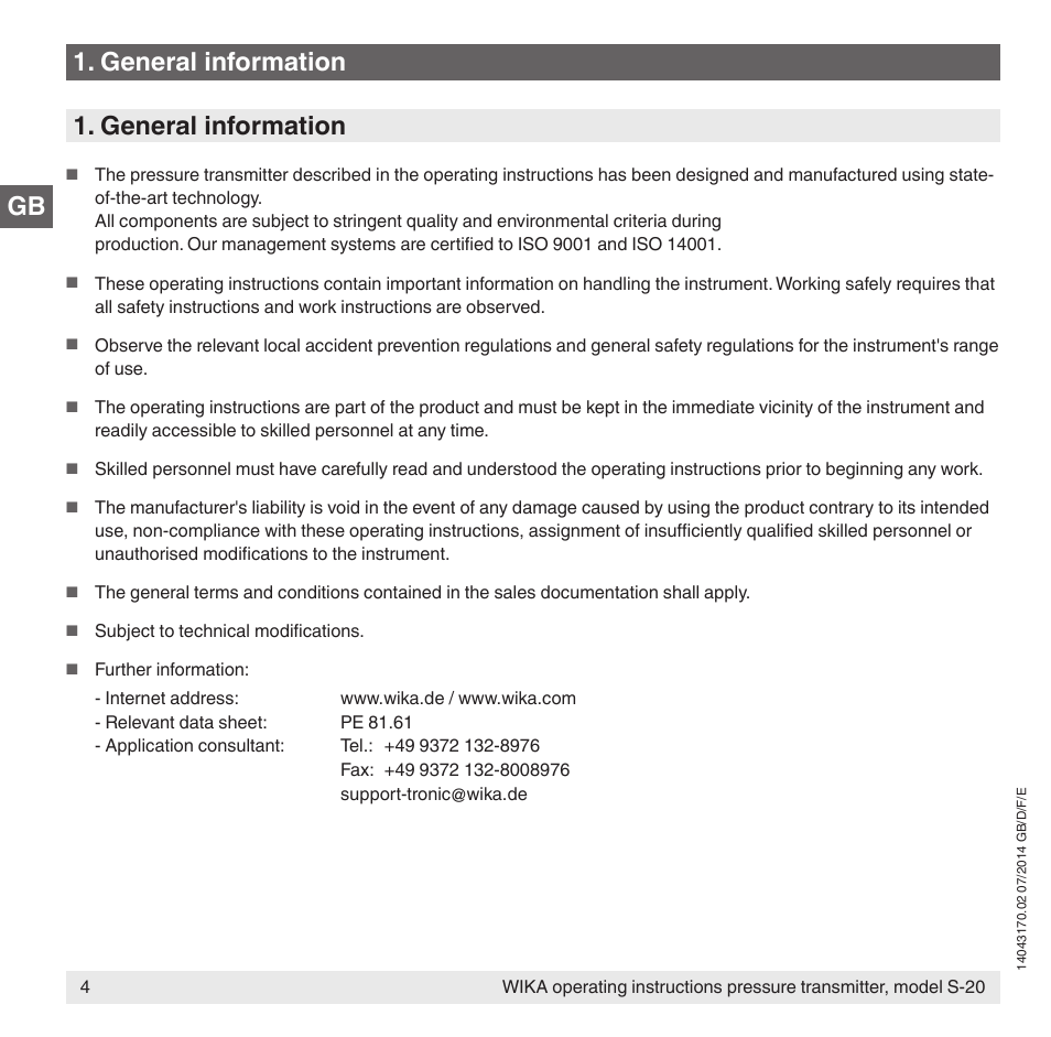 Gb 1. general information 1. general information | WIKA S-20 User Manual | Page 4 / 96
