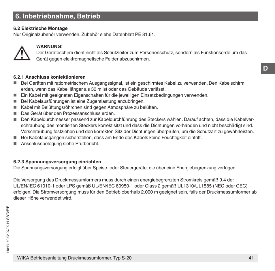 Inbetriebnahme, betrieb | WIKA S-20 User Manual | Page 41 / 96