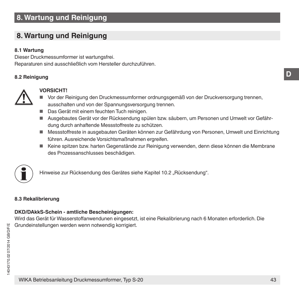 Wartung und reinigung | WIKA S-20 User Manual | Page 43 / 96