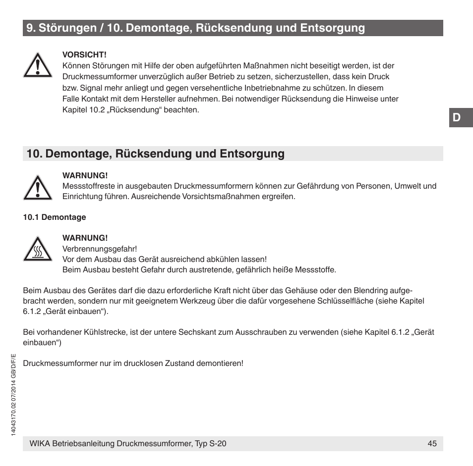 Demontage, rücksendung und entsorgung | WIKA S-20 User Manual | Page 45 / 96