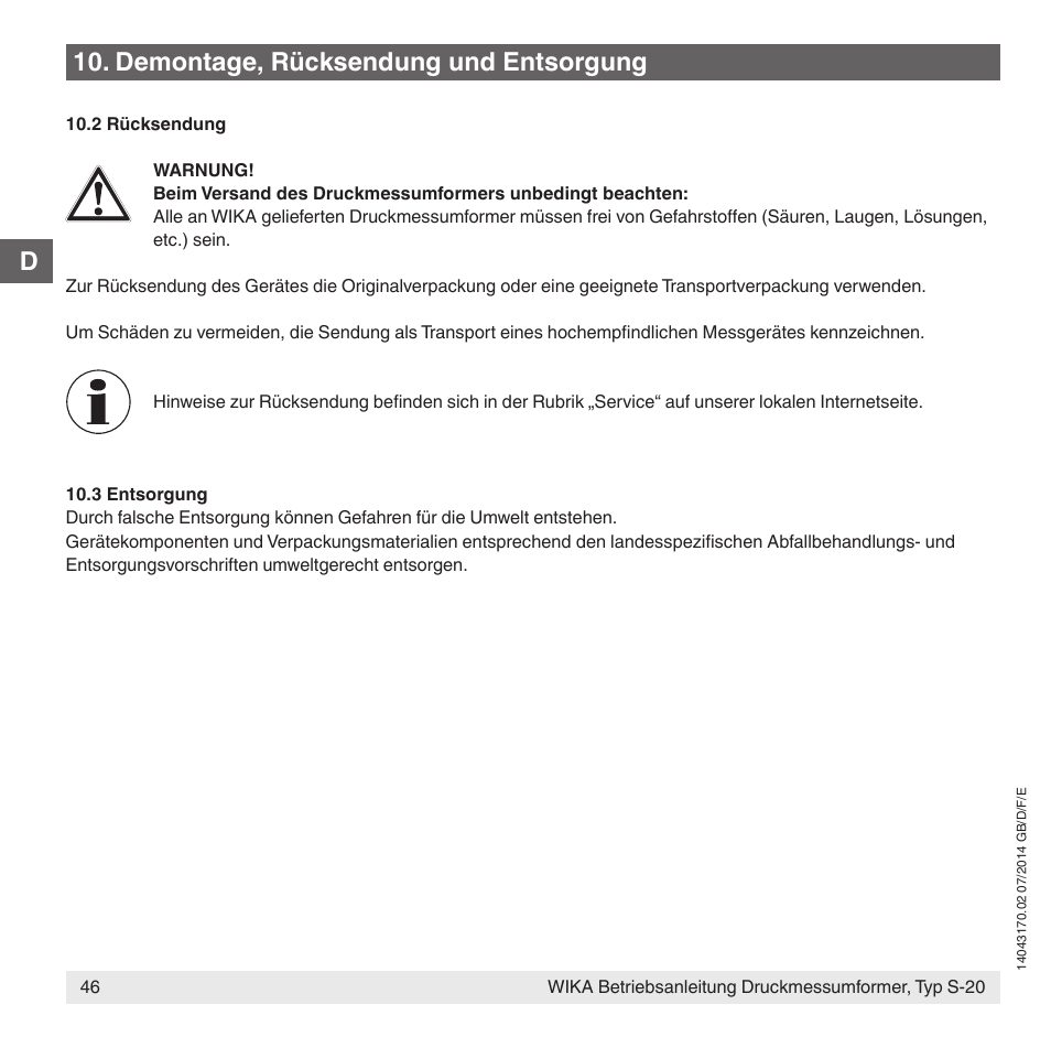 D10. demontage, rücksendung und entsorgung | WIKA S-20 User Manual | Page 46 / 96